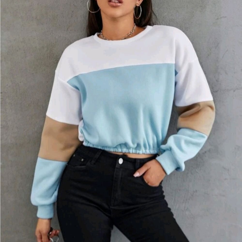 New Colorblock Drop Shoulder Crop Pullover